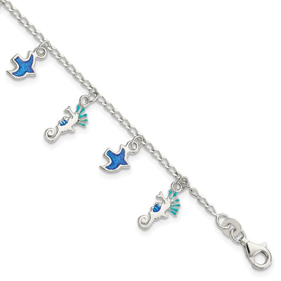Sterling Silver Enameled Seahorse & Birds w/ ext. Children's Bracelet