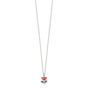 Sterling Silver Polished Red & Green Enameled Flower Children's Necklace