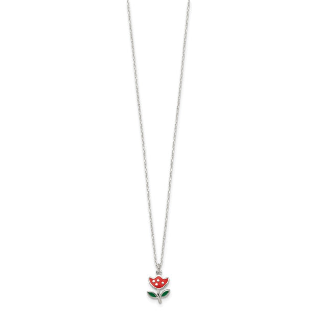 Sterling Silver Polished Red & Green Enameled Flower Children's Necklace