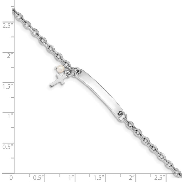 Sterling Silver RH-plated Cross Syn Pearl Plus Ext. ID Bracelet