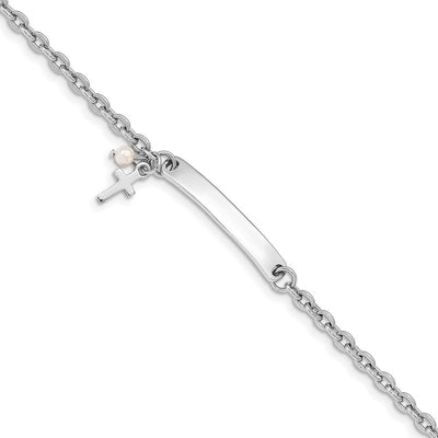 Sterling Silver RH-plated Cross Syn Pearl Plus Ext. ID Bracelet