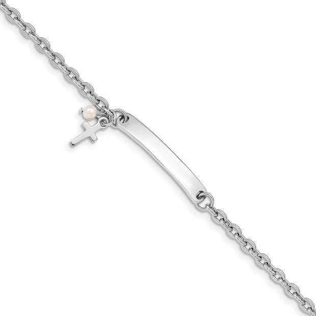 Sterling Silver RH-plated Cross Syn Pearl Plus Ext. ID Bracelet