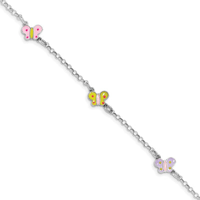 Sterling Silver Rhodium-plated Polished Multi-color Enameled Butterflies Children's Bracelet