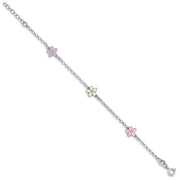 Sterling Silver RH-plated Enameled Flower w/ . Ext. Children's Bracelet