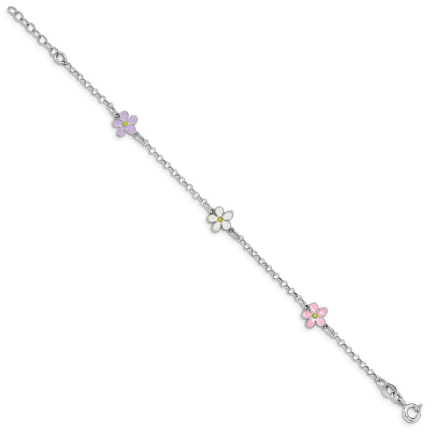 Sterling Silver RH-plated Enameled Flower w/ . Ext. Children's Bracelet