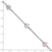 Sterling Silver RH-plated Enameled Flower w/ . Ext. Children's Bracelet