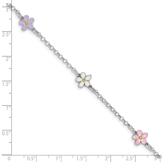 Sterling Silver RH-plated Enameled Flower w/ . Ext. Children's Bracelet