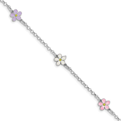 Sterling Silver RH-plated Enameled Flower w/ . Ext. Children's Bracelet