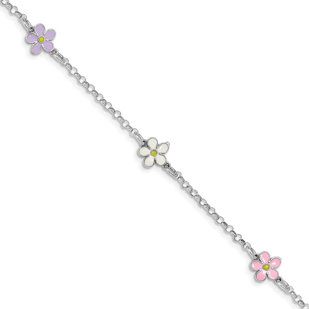 Sterling Silver RH-plated Enameled Flower w/ . Ext. Children's Bracelet