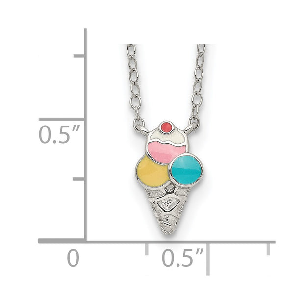 Sterling Silver Polished & Textured Multi-color Enameled Ice Cream Cone with 2 Inch Extension Children's Necklace