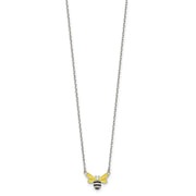 Sterling Silver Polished Yellow & Black Enameled Bumblebee with 2 Inch Extension Children's Necklace