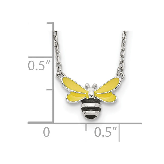 Sterling Silver Polished Yellow & Black Enameled Bumblebee with 2 Inch Extension Children's Necklace