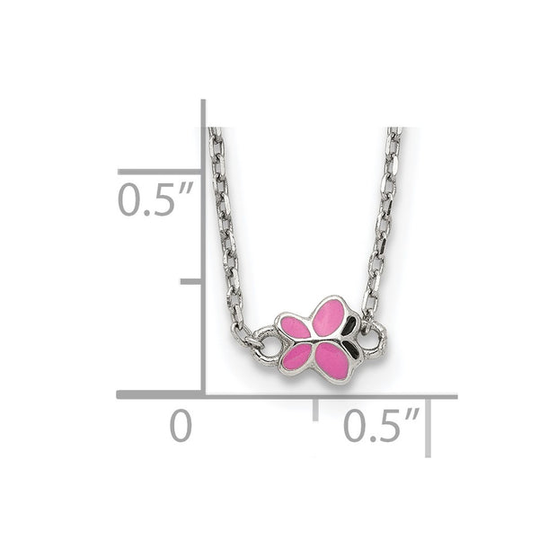 Sterling Silver Polished Pink & Black Enameled Butterfly with 2 Inch Extension Children's Necklace