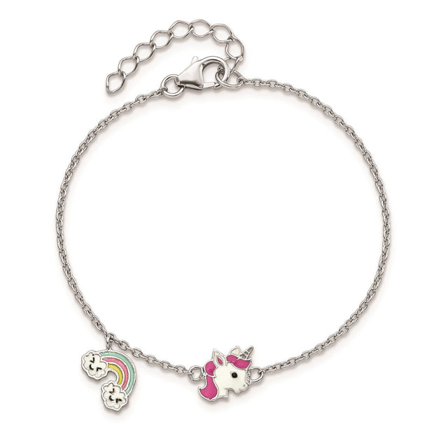 Sterling Silver Rhodium-plated Polished & Multi-color Enameled Unicorn & Rainbow with 1 Inch Extension Children's Bracelet