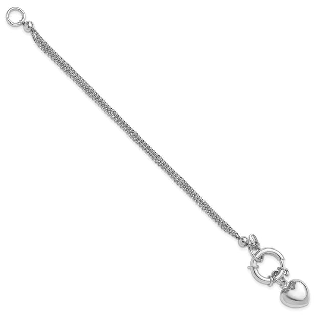 Sterling Silver Rhod-plated Polished Puff Heart Dangle Bracelet