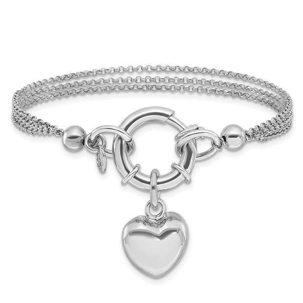 Sterling Silver Rhod-plated Polished Puff Heart Dangle Bracelet