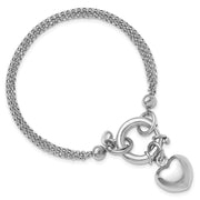 Sterling Silver Rhod-plated Polished Puff Heart Dangle Bracelet