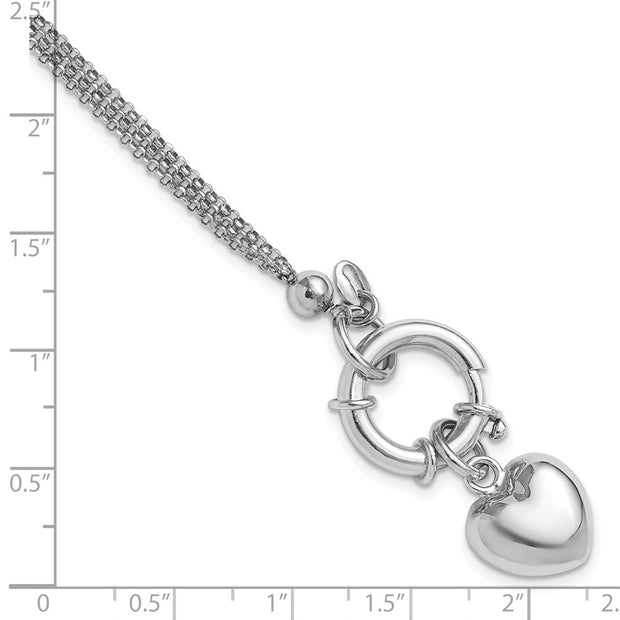 Sterling Silver Rhod-plated Polished Puff Heart Dangle Bracelet