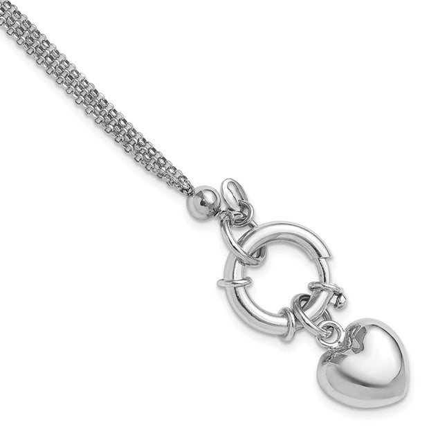 Sterling Silver Rhod-plated Polished Puff Heart Dangle Bracelet