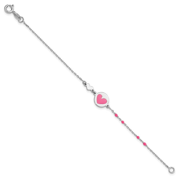 Sterling Silver Polished Pink Enamel Heart Children's Bracelet
