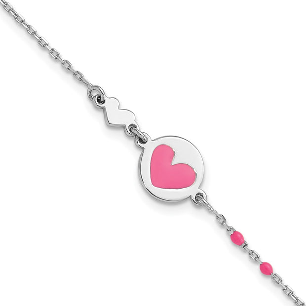 Sterling Silver Polished Pink Enamel Heart Children's Bracelet