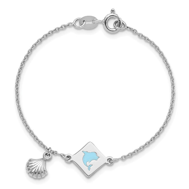 Sterling Silver Polished Enameled Dolphin Seashell Children's Bracelet