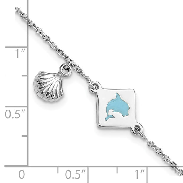 Sterling Silver Polished Enameled Dolphin Seashell Children's Bracelet
