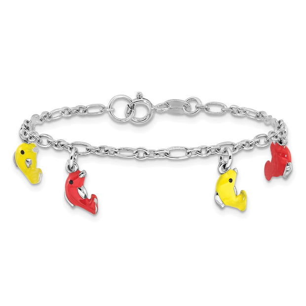 Sterling Silver Polished & Enameled Dolphins Children's Bracelet
