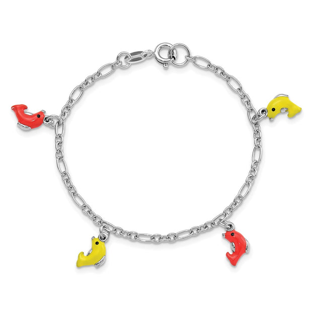 Sterling Silver Polished & Enameled Dolphins Children's Bracelet