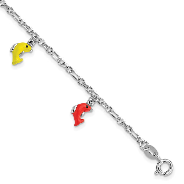 Sterling Silver Polished & Enameled Dolphins Children's Bracelet