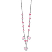 Sterling Silver Rhodium-plated Polished Pink Enamel & Crystal Hearts & Bow w/ Extension Children's Necklace