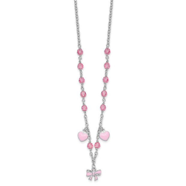 Sterling Silver Rhodium-plated Polished Pink Enamel & Crystal Hearts & Bow w/ Extension Children's Necklace