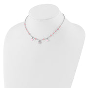 Sterling Silver Rhodium-plated Polished Pink Enamel & Crystal Hearts & Bow w/ Extension Children's Necklace