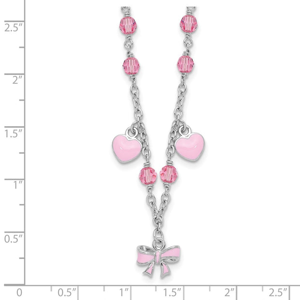 Sterling Silver Rhodium-plated Polished Pink Enamel & Crystal Hearts & Bow w/ Extension Children's Necklace
