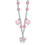 Sterling Silver Rhodium-plated Polished Pink Enamel & Crystal Hearts & Bow w/ Extension Children's Necklace
