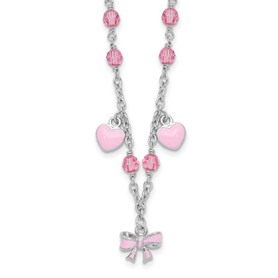 Sterling Silver Rhodium-plated Polished Pink Enamel & Crystal Hearts & Bow w/ Extension Children's Necklace