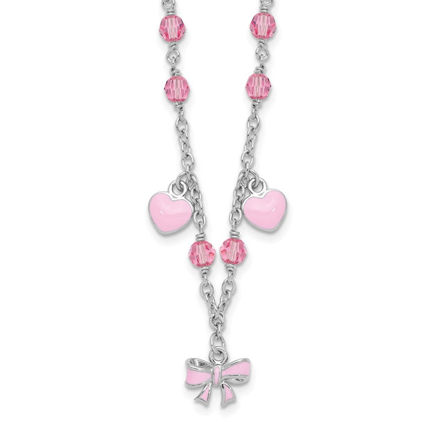 Sterling Silver Rhodium-plated Polished Pink Enamel & Crystal Hearts & Bow w/ Extension Children's Necklace