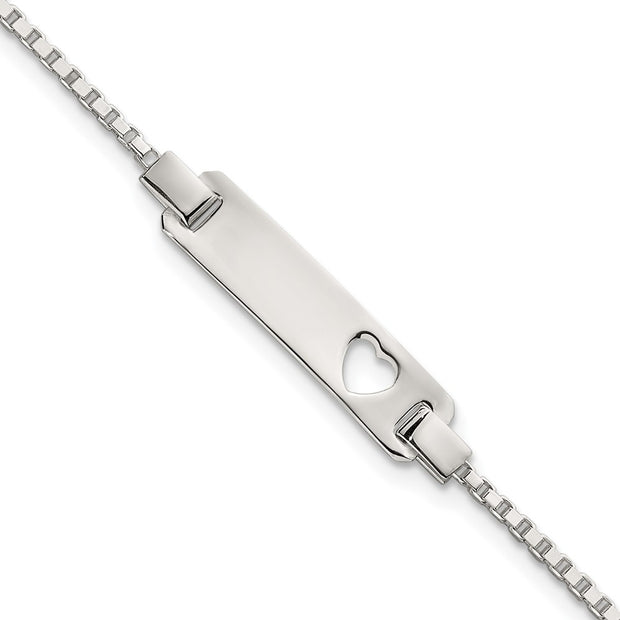 Sterling Silver Polished Cut-out Heart Box Link Childrens with Extension ID Bracelet