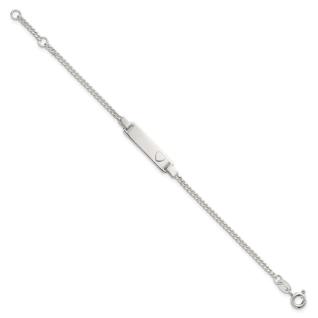 Sterling Silver Polished Raised Heart Curb Link Childrens with Extension ID Bracelet