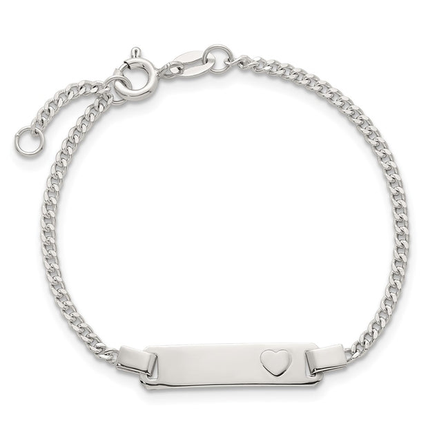 Sterling Silver Polished Raised Heart Curb Link Childrens with Extension ID Bracelet