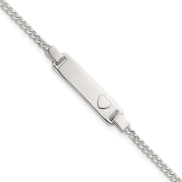 Sterling Silver Polished Raised Heart Curb Link Childrens with Extension ID Bracelet