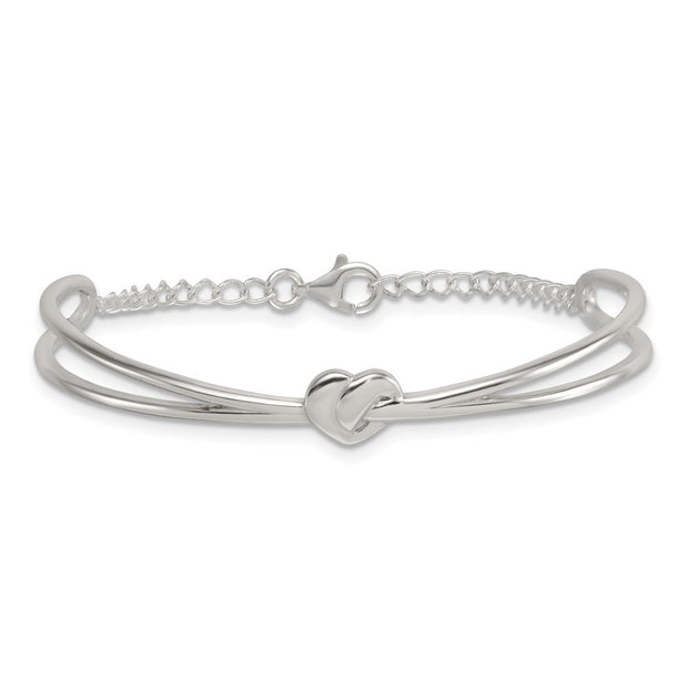 Sterling Silver Polished Twisted Heart Childrens Cuff Bracelet with Safety Chain