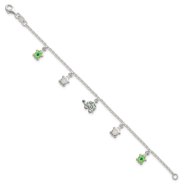 Sterling Silver Polished Green Enamel Turtles Childrens Bracelet