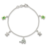 Sterling Silver Polished Green Enamel Turtles Childrens Bracelet