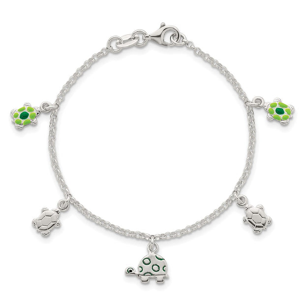 Sterling Silver Polished Green Enamel Turtles Childrens Bracelet