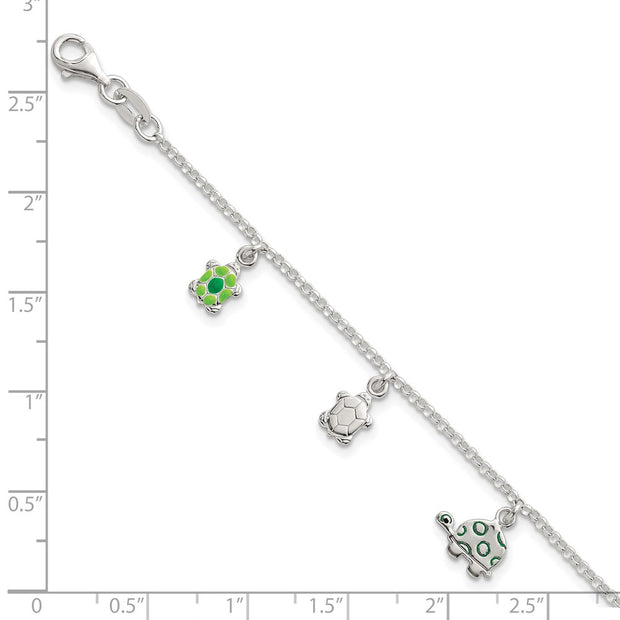 Sterling Silver Polished Green Enamel Turtles Childrens Bracelet