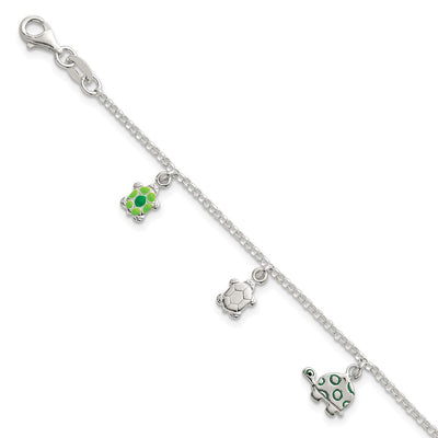 Sterling Silver Polished Green Enamel Turtles Childrens Bracelet