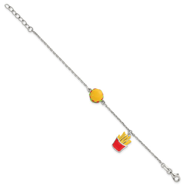 Sterling Silver Polished Multi-colored Enamel Burger and Fries Childrens with Extension Bracelet
