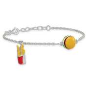 Sterling Silver Polished Multi-colored Enamel Burger and Fries Childrens with Extension Bracelet