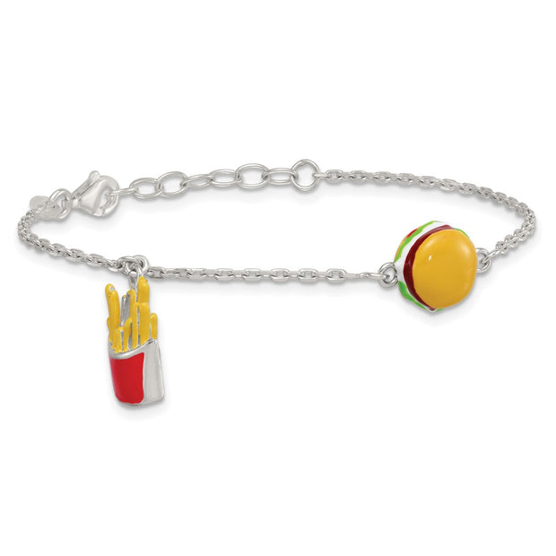 Sterling Silver Polished Multi-colored Enamel Burger and Fries Childrens with Extension Bracelet